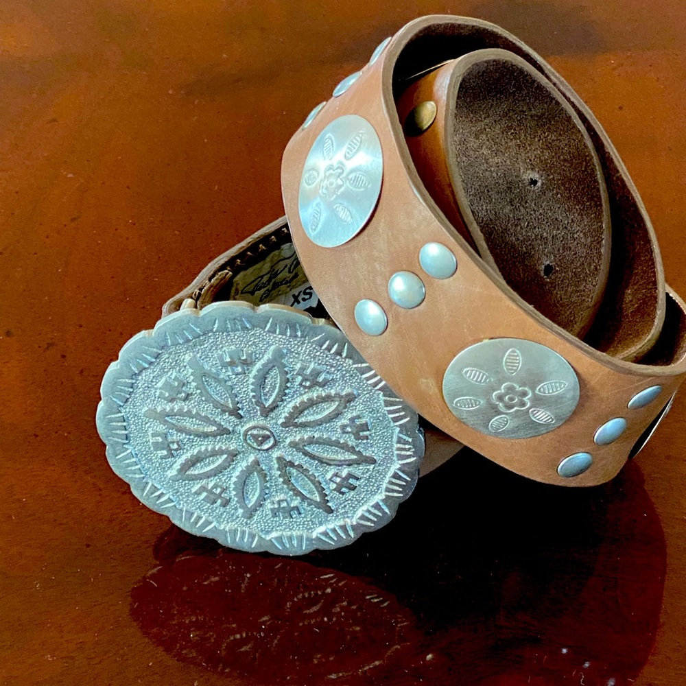 Tasha Polizzi Brown Leather Belt with Silver Medallion Buckle